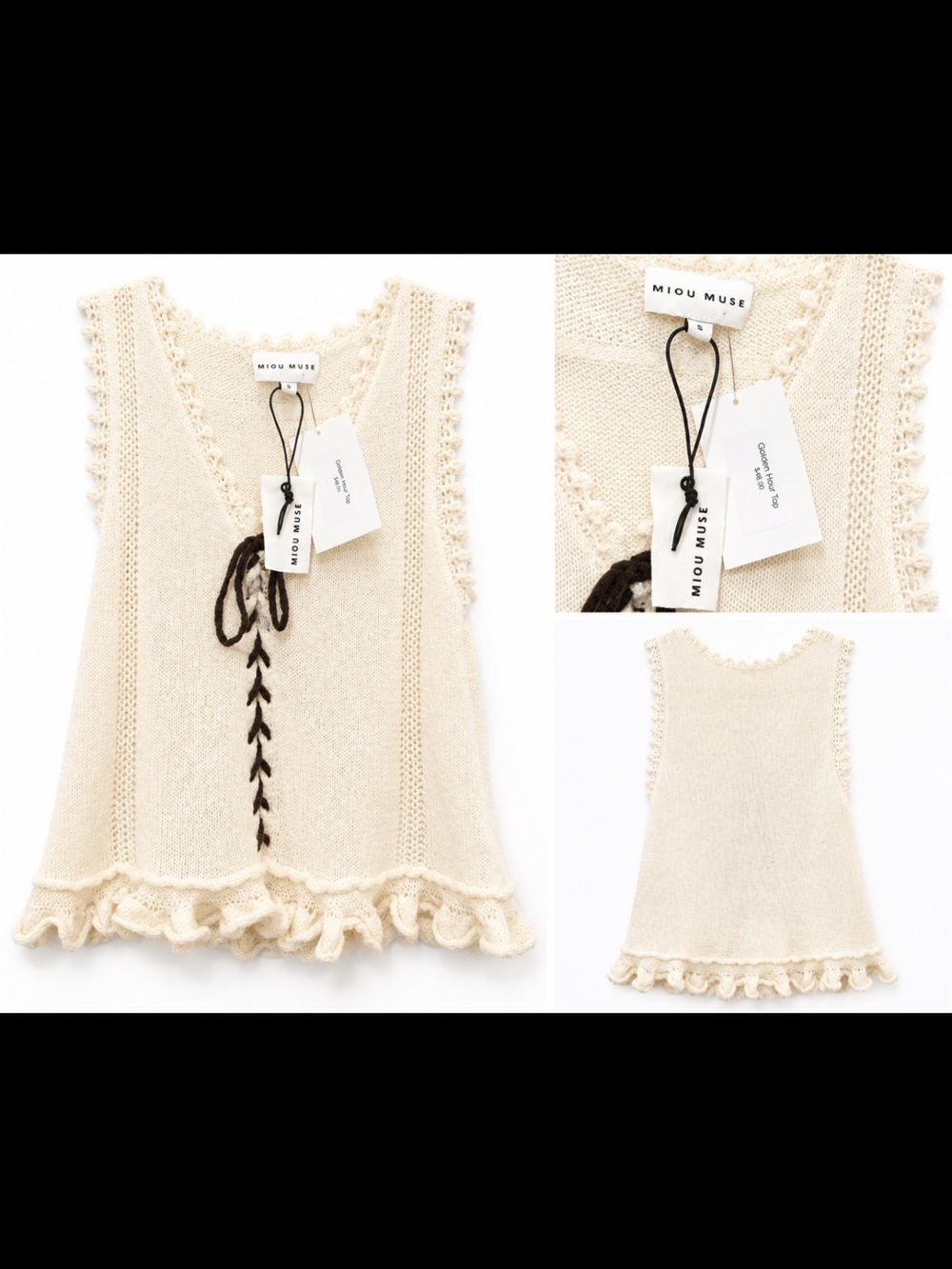 Miou Muse Cream V‑Neck Crochet Trim Knit Tank - Picture 2 of 4